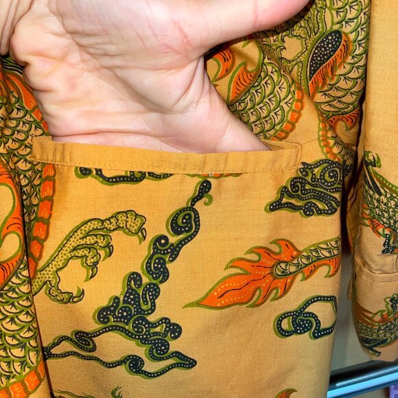 Vintage 1970s Mens Shirt Size Large Orange Dragon Button Down Long Sleeve - Picture 11 of 12